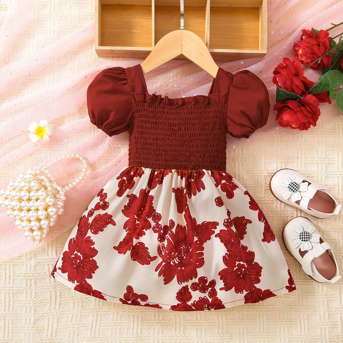 Baby Girl Floral Frill Trim Square Neck Smocked Dress - nailedmoms