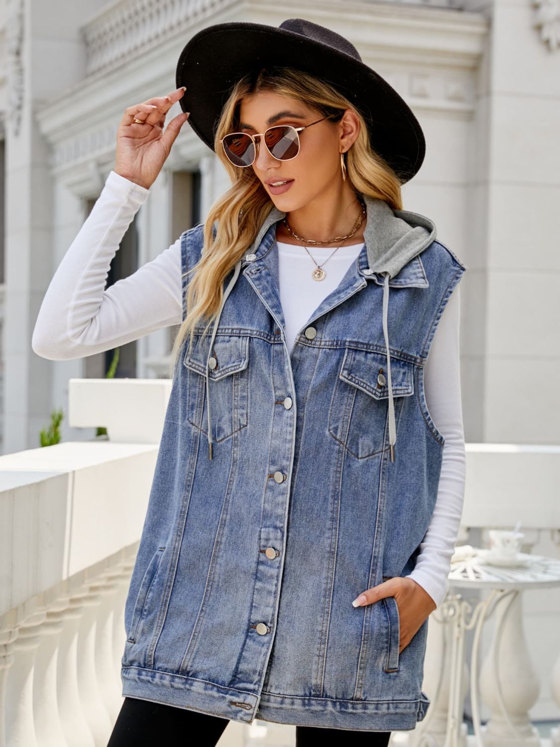 Drawstring Hooded Sleeveless Denim Top with Pockets - nailedmoms