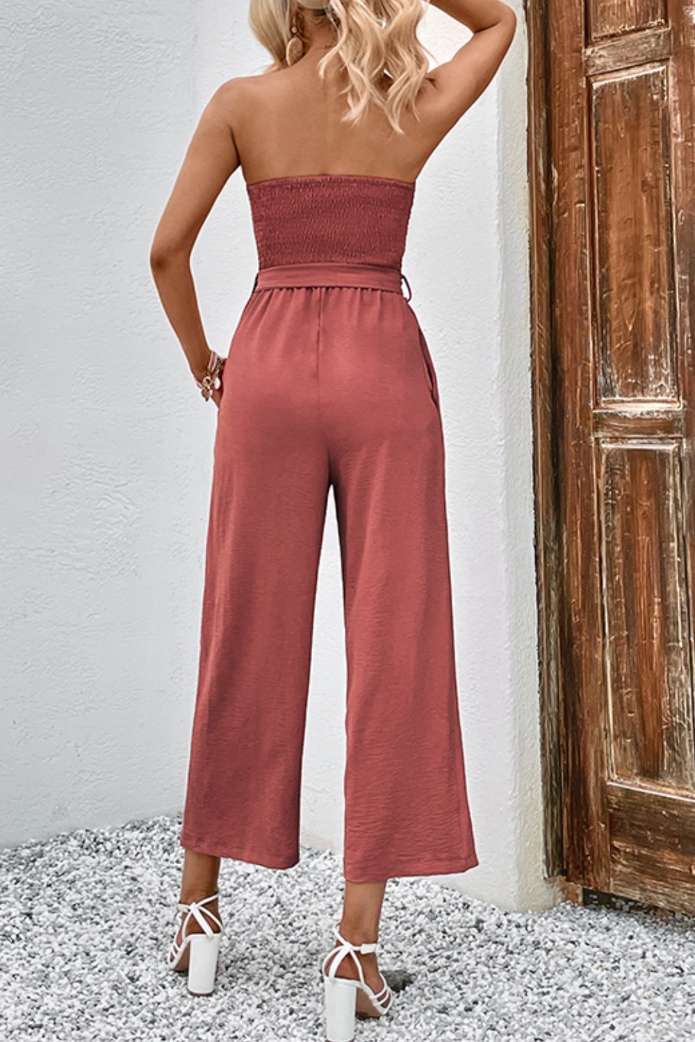 Decorative Button Strapless Smocked Jumpsuit with Pockets - nailedmoms