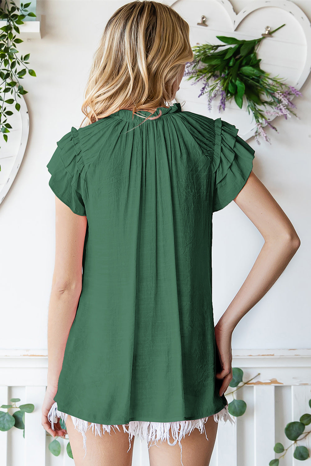 Tie-Neck Flutter Sleeve Blouse - nailedmoms
