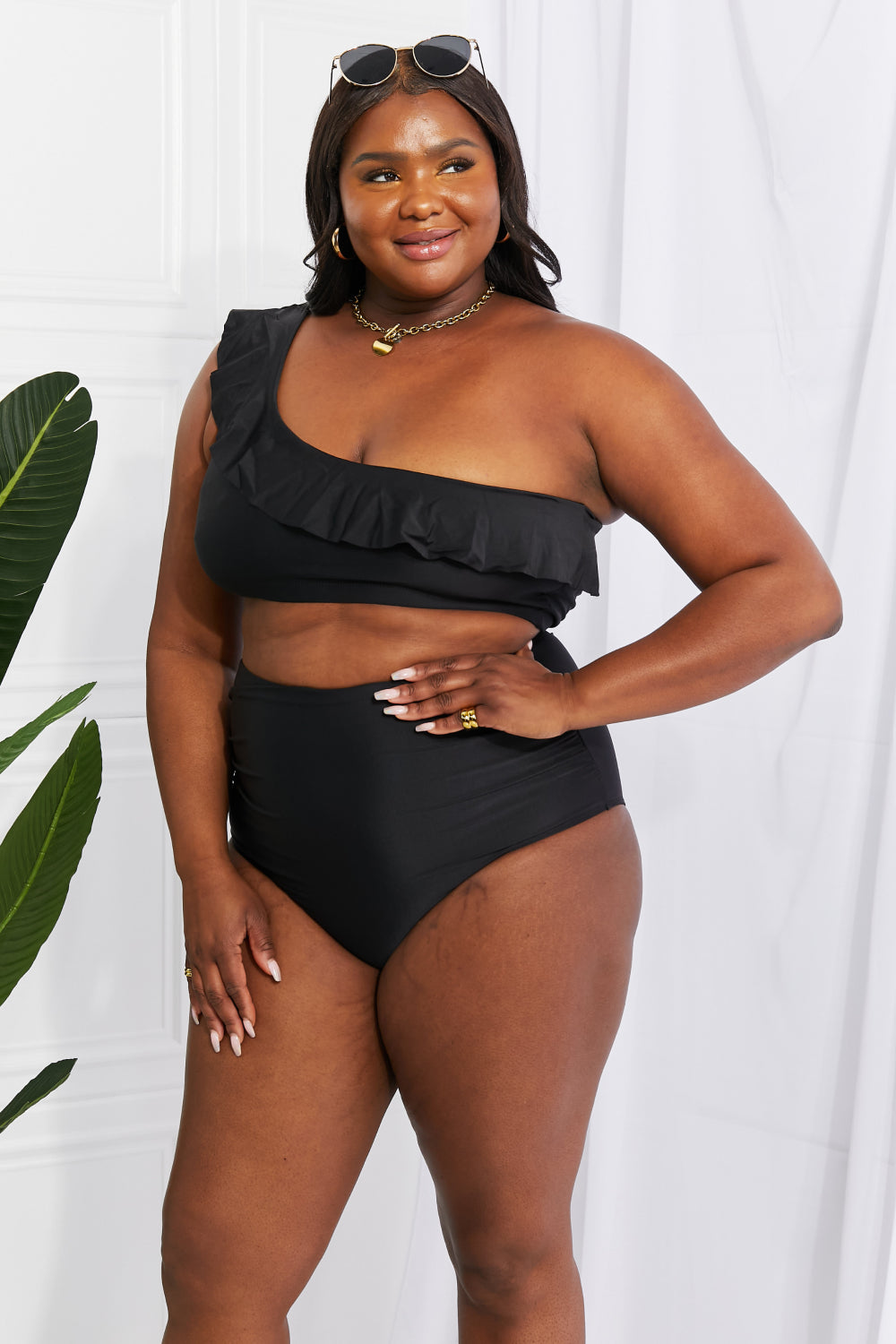 Marina West Swim Seaside Romance Ruffle One-Shoulder Bikini in Black - nailedmoms