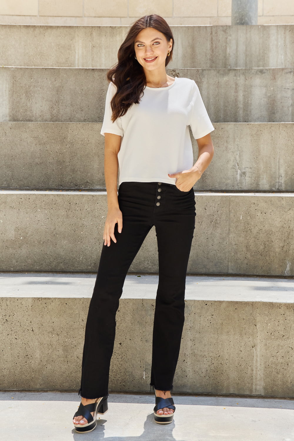 And The Why Pearly White Full Size Criss Cross Pearl Detail Open Back T-Shirt - nailedmoms