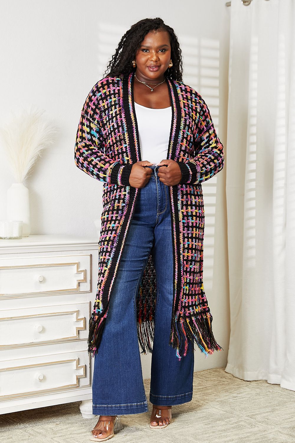 Double Take Full Size Multicolored Open Front Fringe Hem Cardigan - nailedmoms