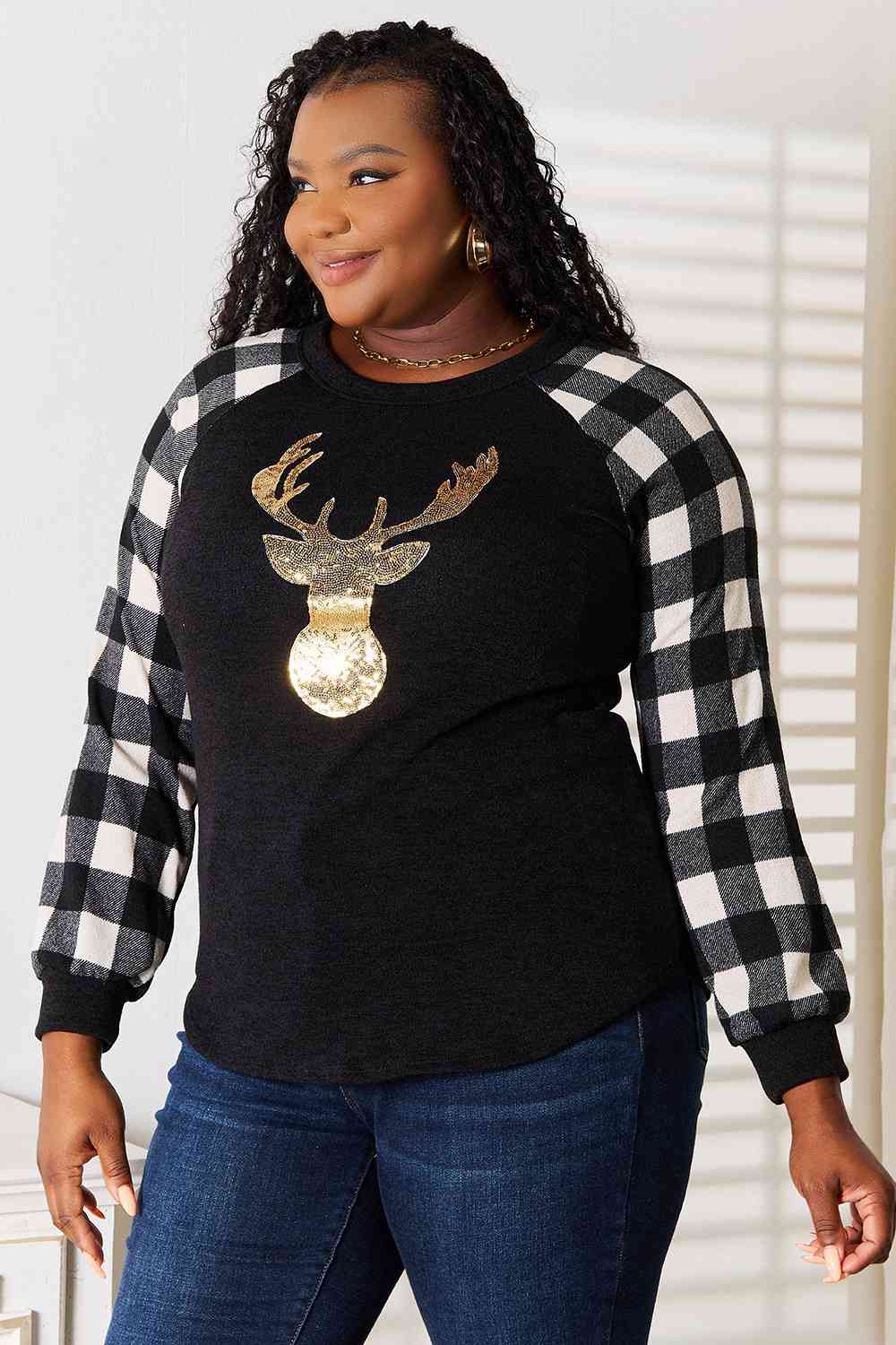 Heimish Full Size Sequin Reindeer Graphic Plaid Top - nailedmoms