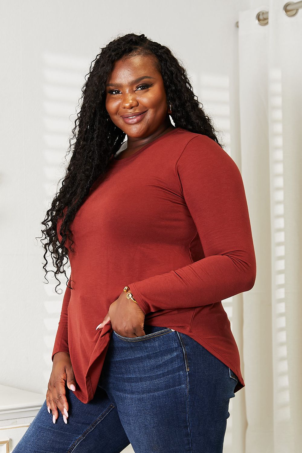 Zenana Full Size Long Sleeve Round Neck Round Hem Top - nailedmoms
