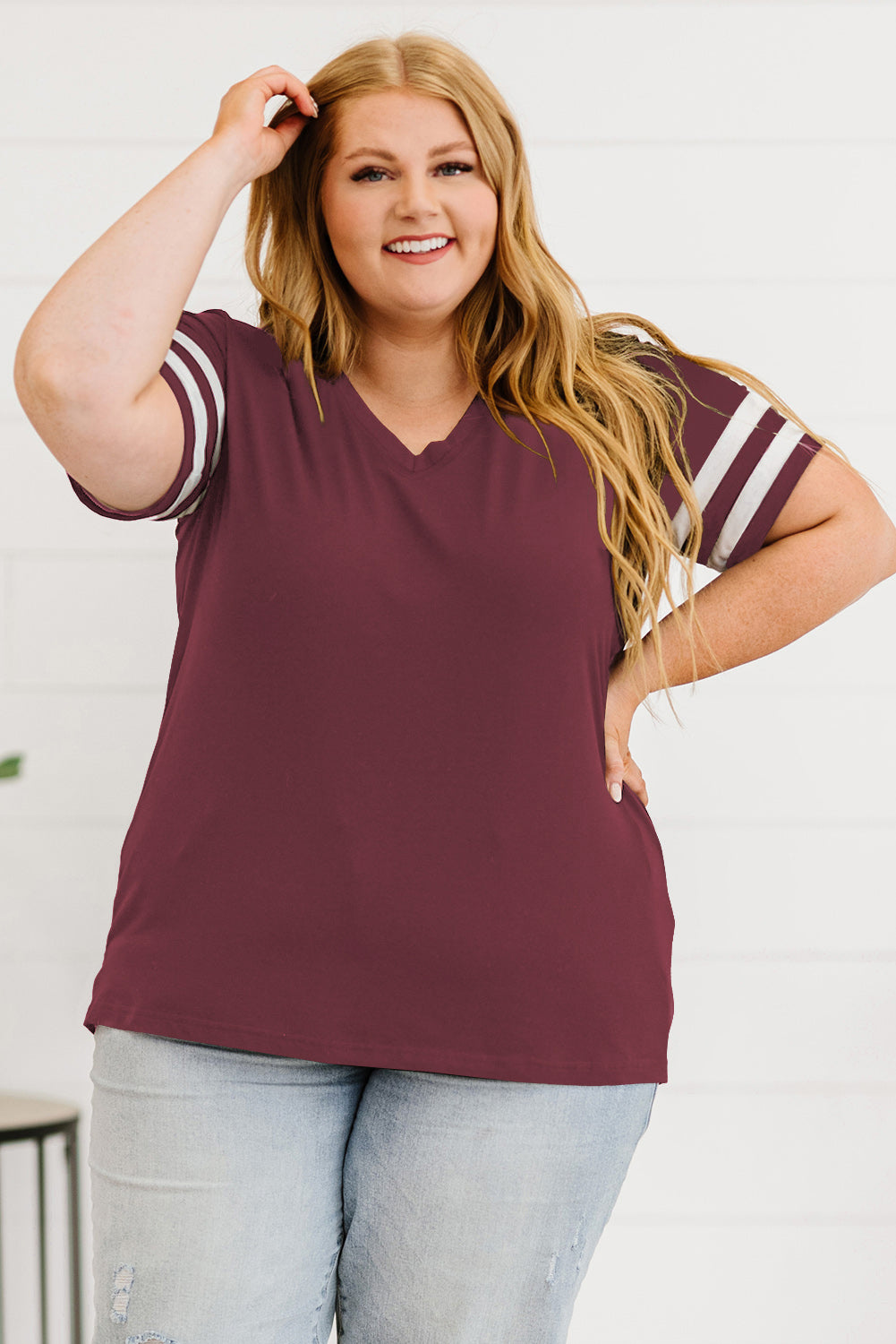 Plus Size Striped V-Neck Tee Shirt - nailedmoms