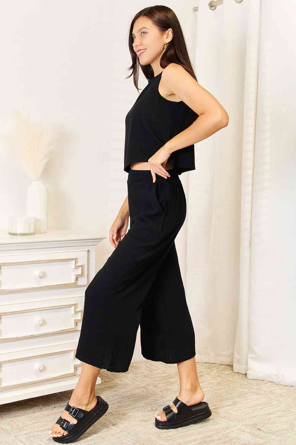 Double Take Buttoned Round Neck Tank and Wide Leg Pants Set - nailedmoms