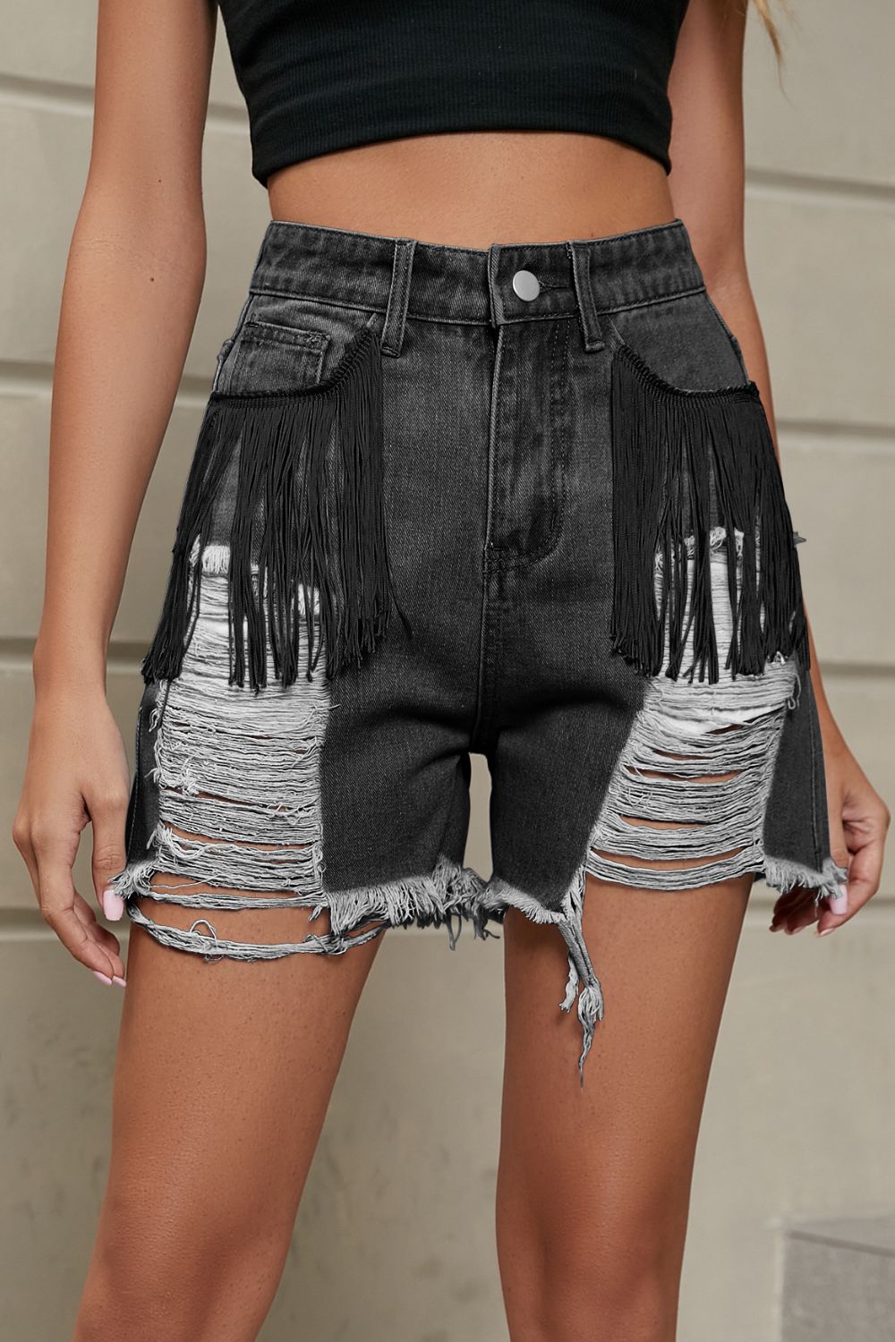 Fringe Trim Distressed Denim Shorts with Pockets - nailedmoms
