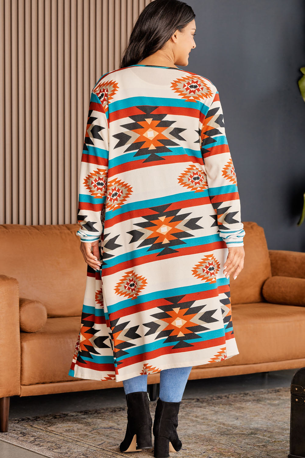 Plus Size Geometric Open Front Longline Cardigan - nailedmoms