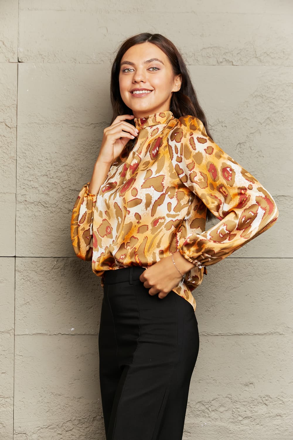 Printed Mock Neck Long Sleeve Blouse - nailedmoms