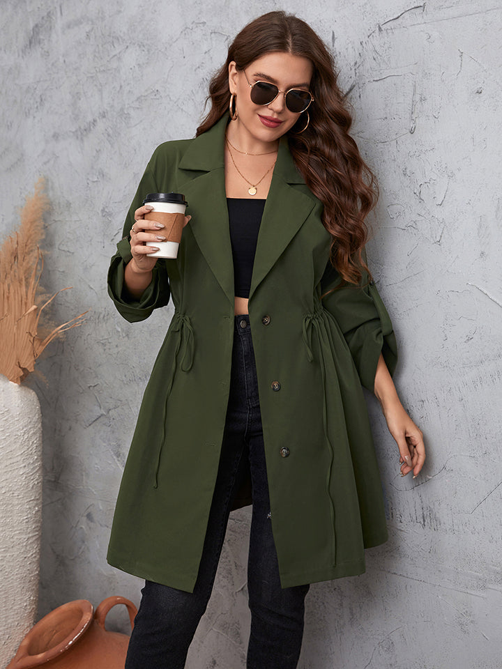 Plus Size Lapel Collar Roll-Tab Sleeve Trench Coat - nailedmoms