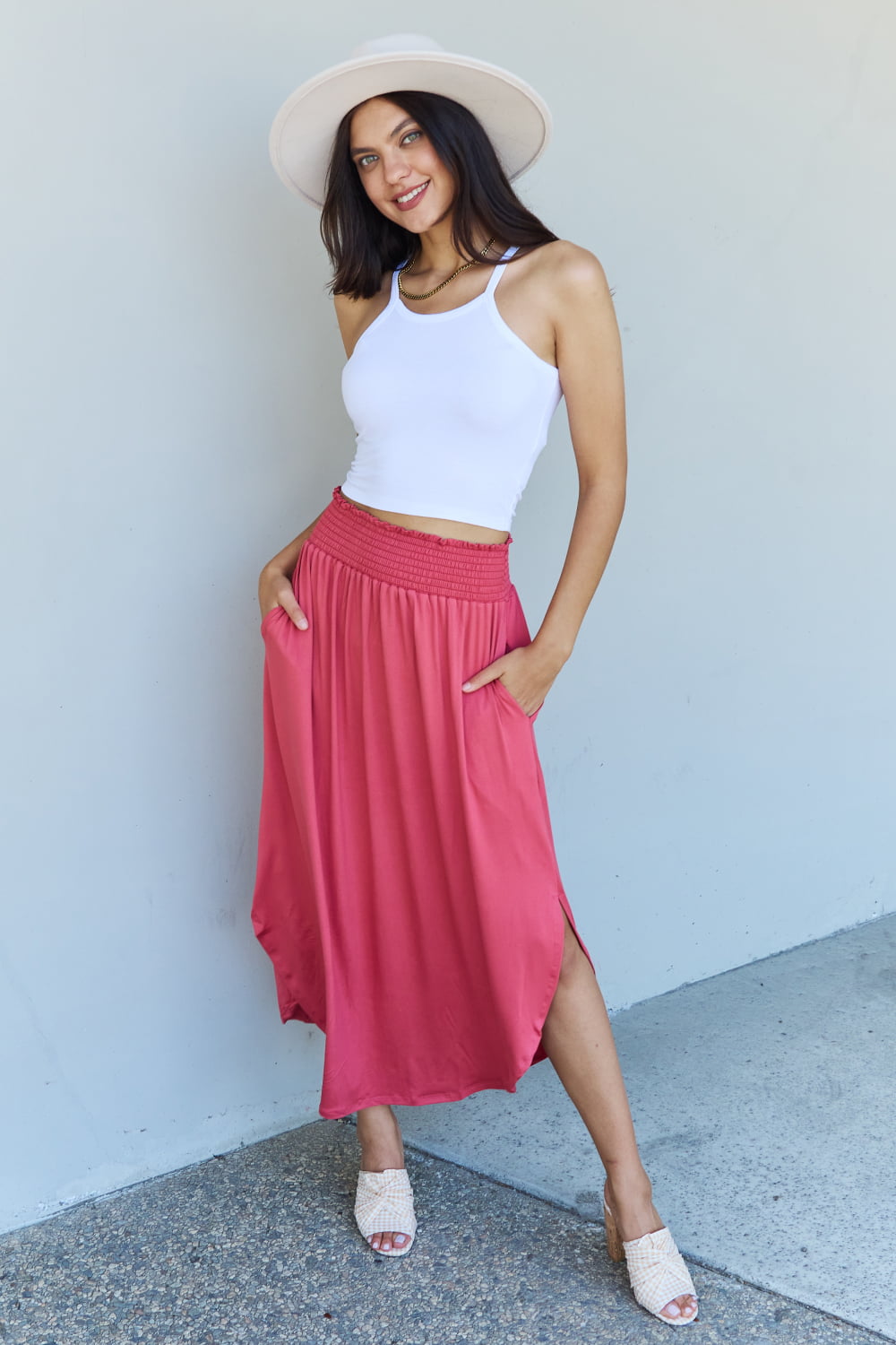 Doublju Comfort Princess Full Size High Waist Scoop Hem Maxi Skirt in Hot Pink - nailedmoms