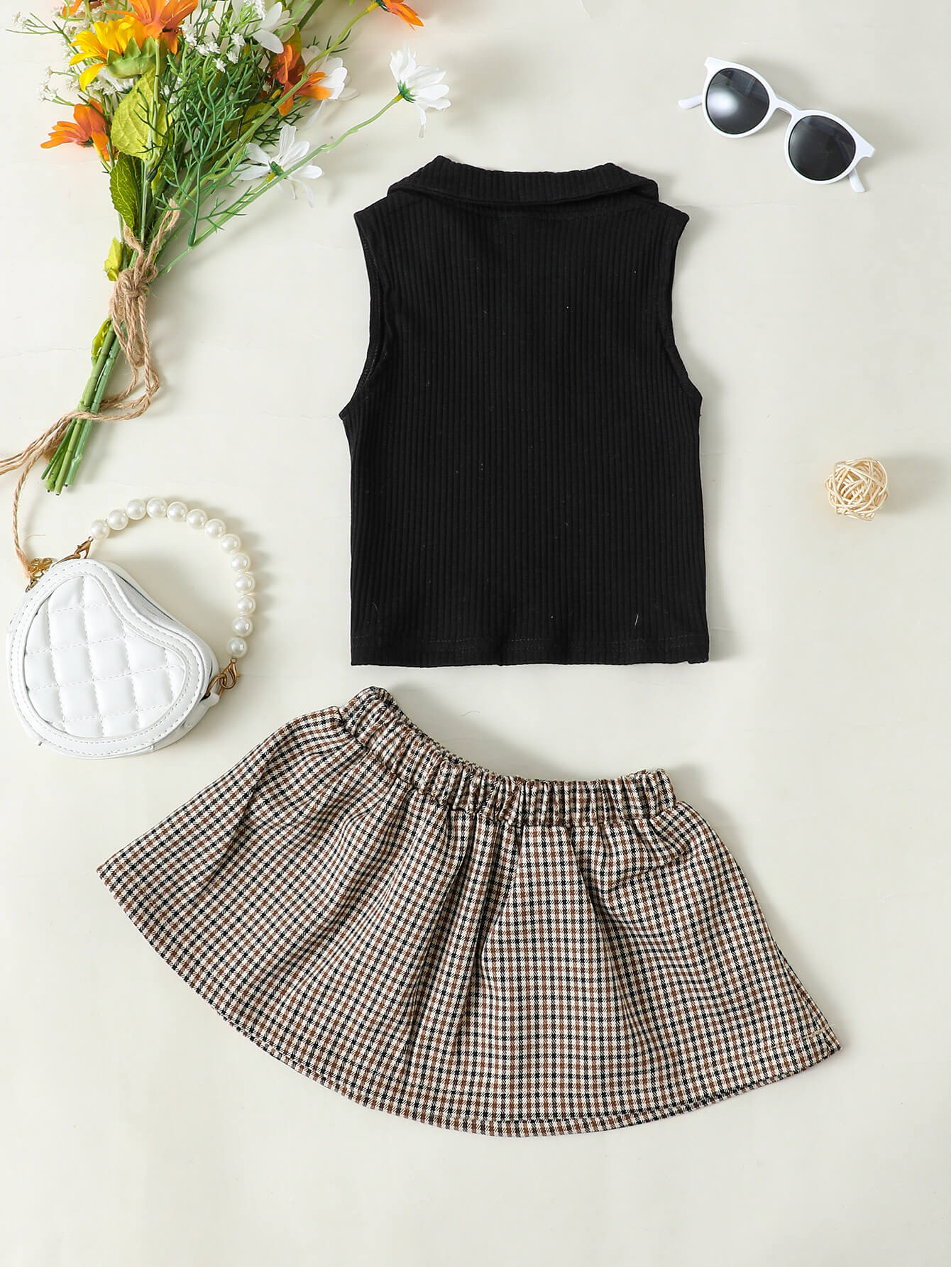Girls Ribbed Sleeveless Top and Plaid Skirt Set - nailedmoms