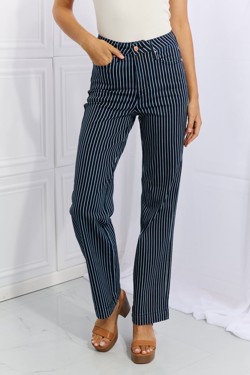 Judy Blue Cassidy Full Size High Waisted Tummy Control Striped Straight Jeans - nailedmoms