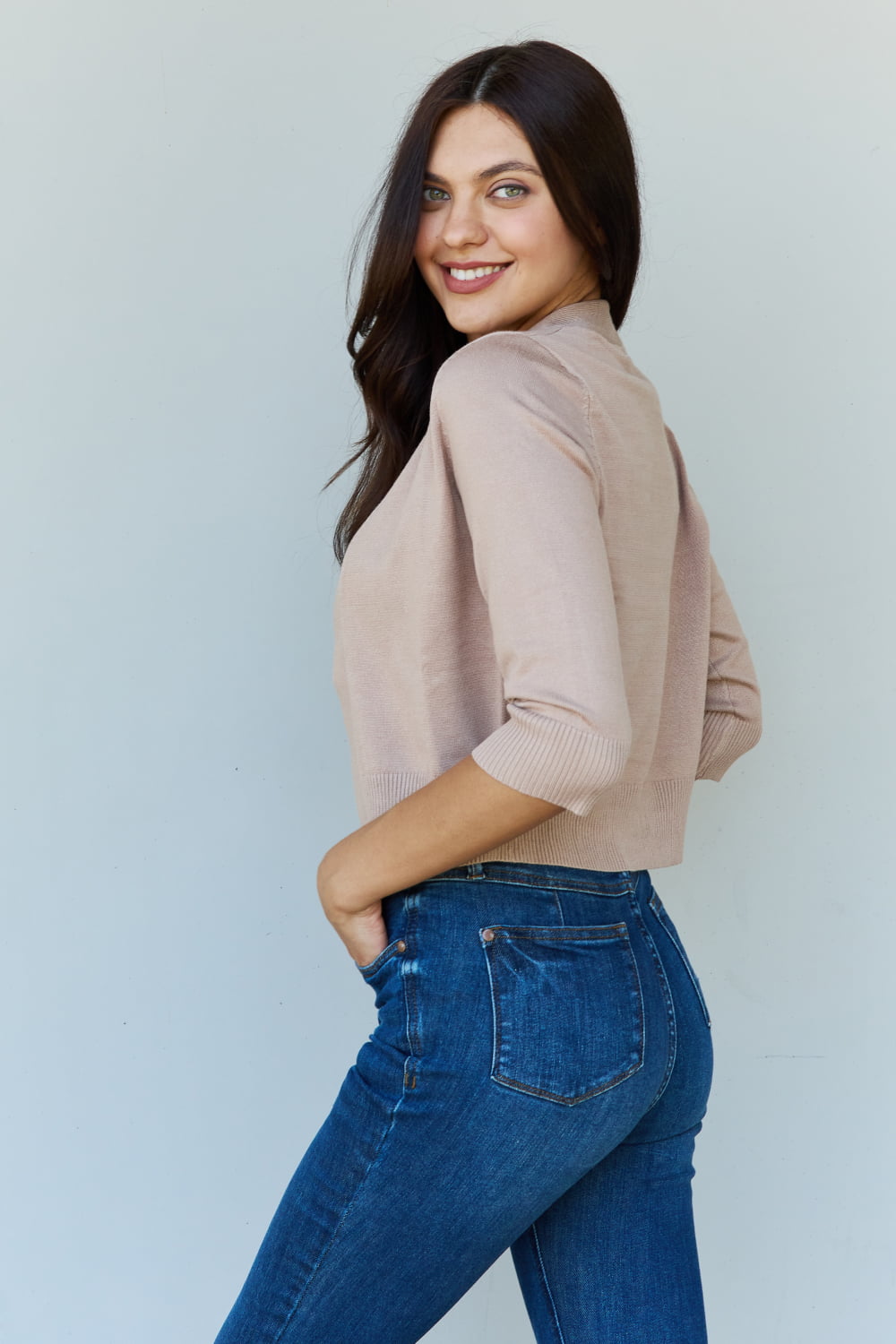 Doublju My Favorite Full Size 3/4 Sleeve Cropped Cardigan in Khaki - nailedmoms