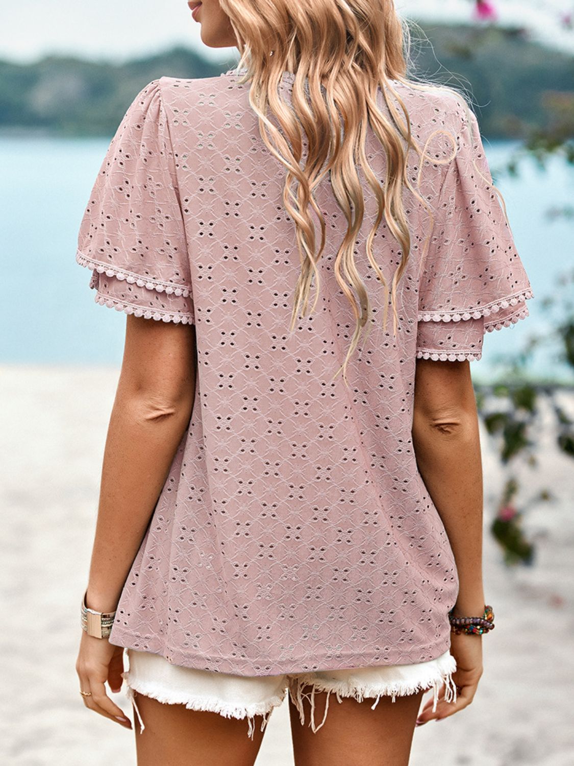 Eyelet Round Neck Puff Sleeve Blouse - nailedmoms