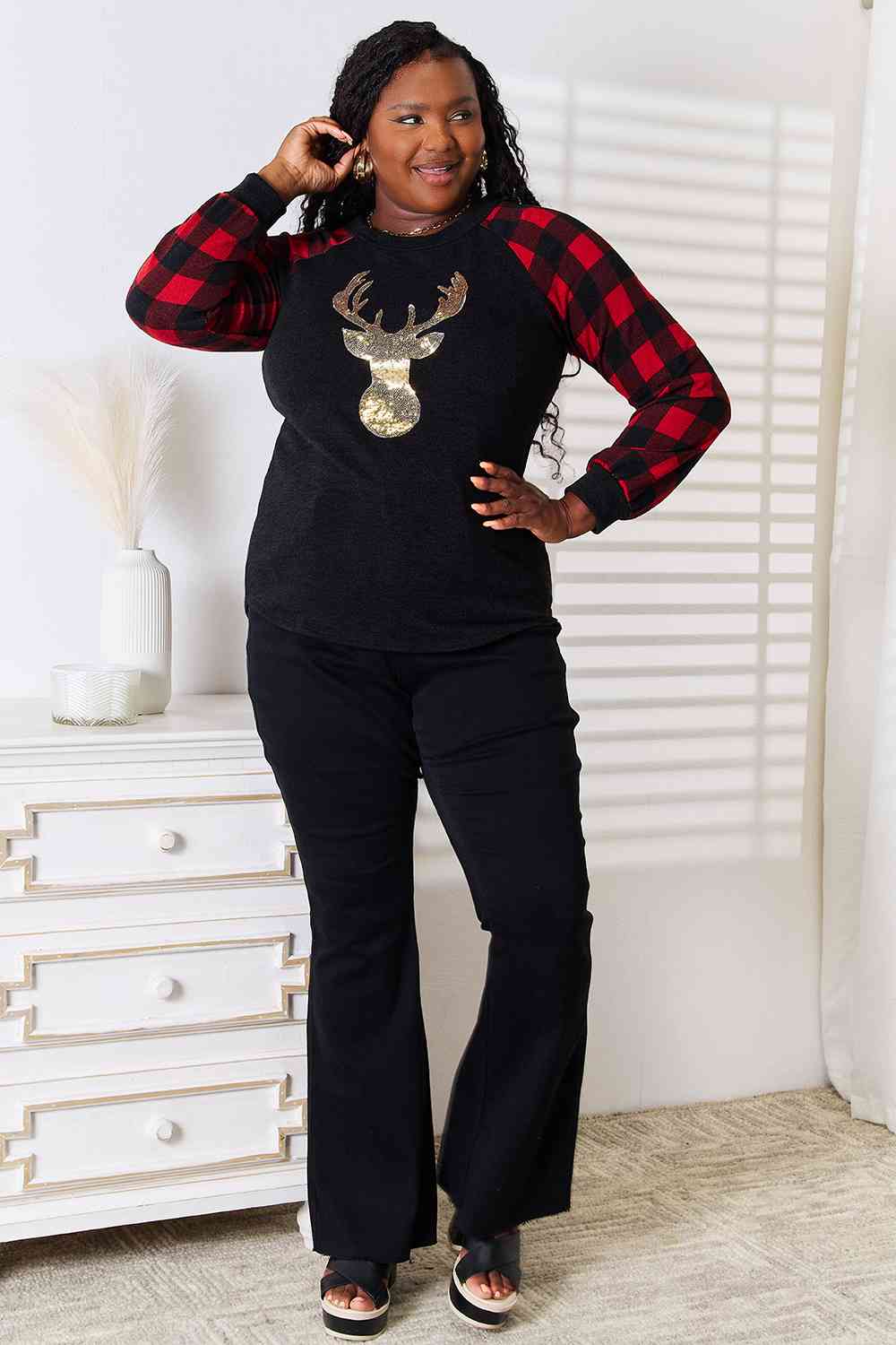Heimish Full Size Sequin Reindeer Graphic Plaid Top - nailedmoms