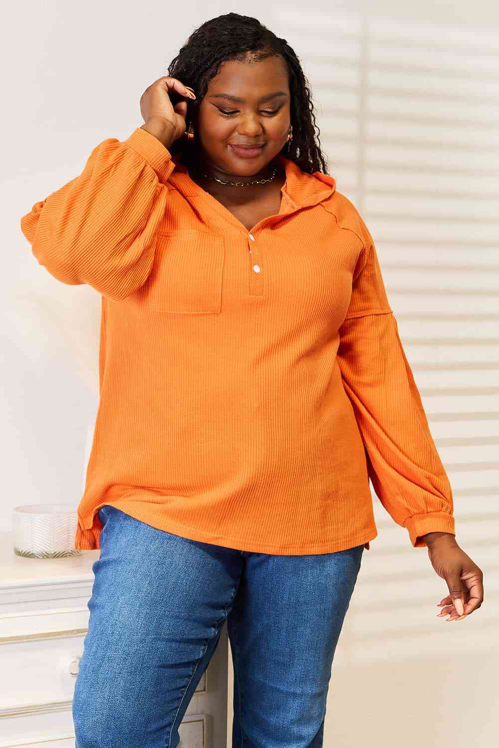 Basic Bae Side Slit Buttoned Waffle Knit Hoodie - nailedmoms