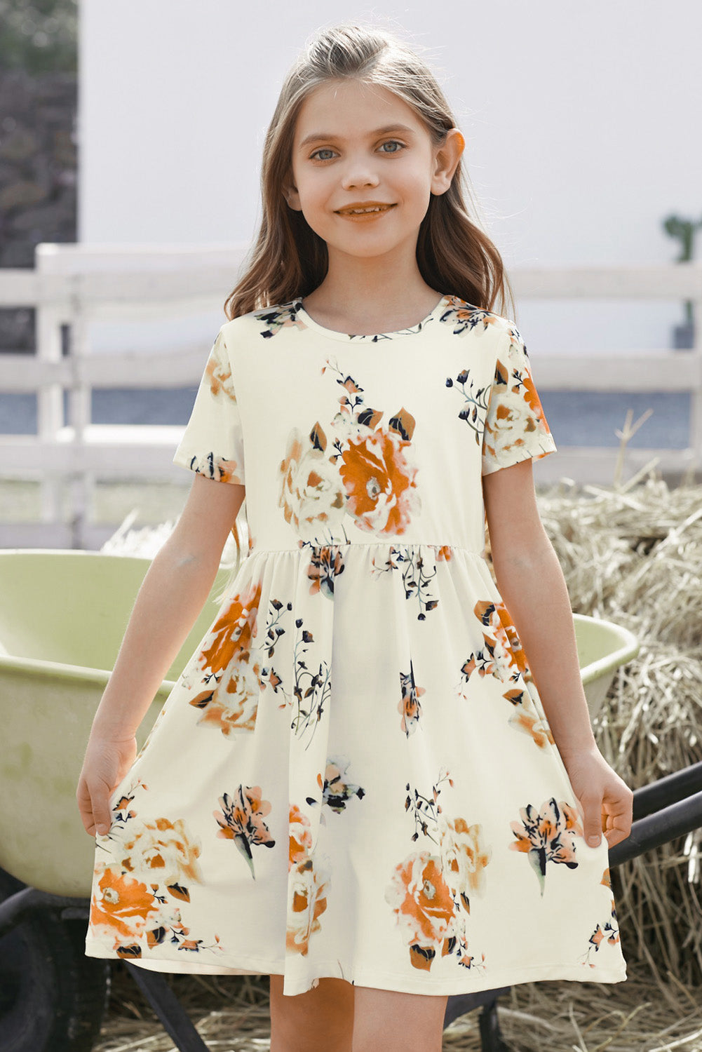 Girls Floral Short Sleeve Round Neck Dress - nailedmoms