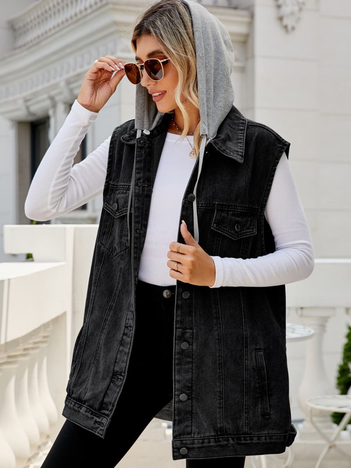 Drawstring Hooded Sleeveless Denim Top with Pockets - nailedmoms