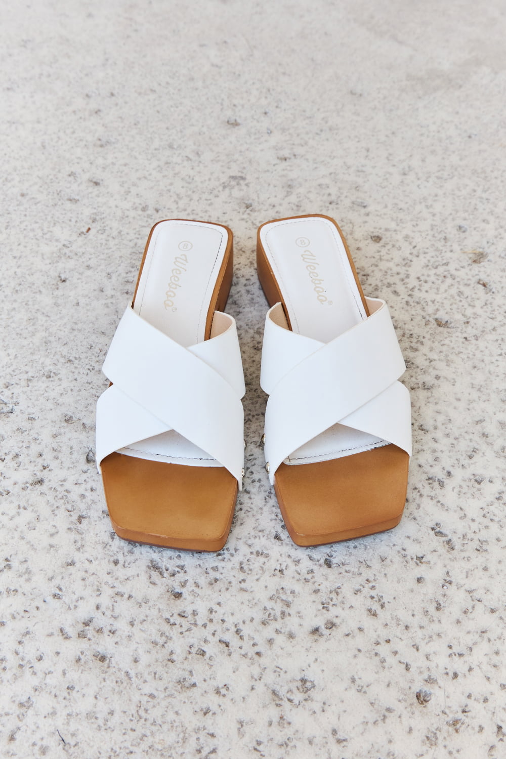 Weeboo Step Into Summer Criss Cross Wooden Clog Mule in White - nailedmoms