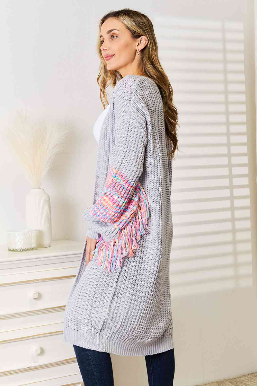 Woven Right Fringe Sleeve Dropped Shoulder Cardigan - nailedmoms