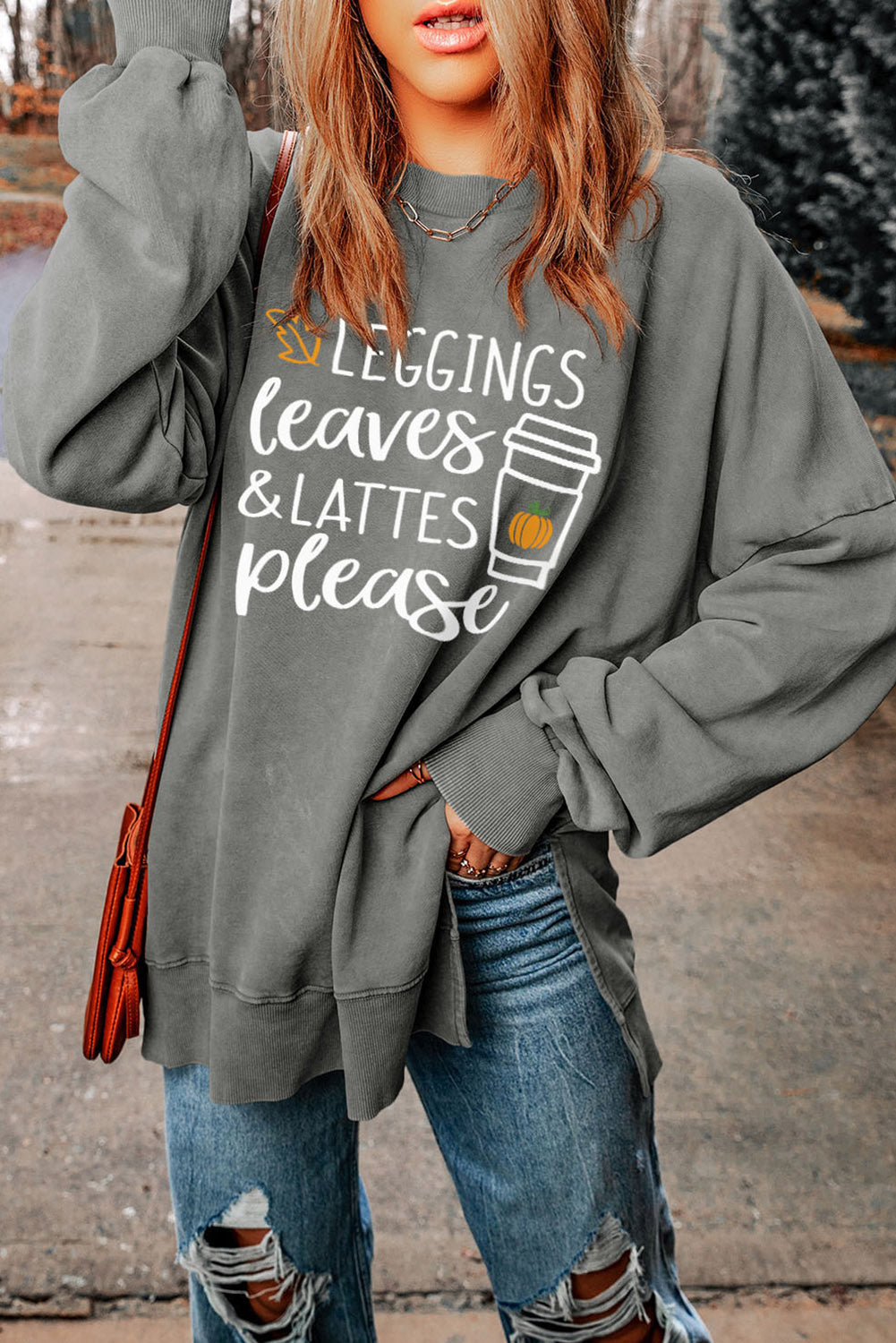 Round Neck Dropped Shoulder LEGGINGS LEAVES LATTES PLEASE Graphic Sweatshirt - nailedmoms