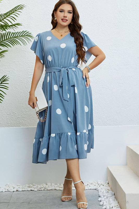 Polka Dot Belted Flutter Sleeve Ruffle Hem Dress - nailedmoms