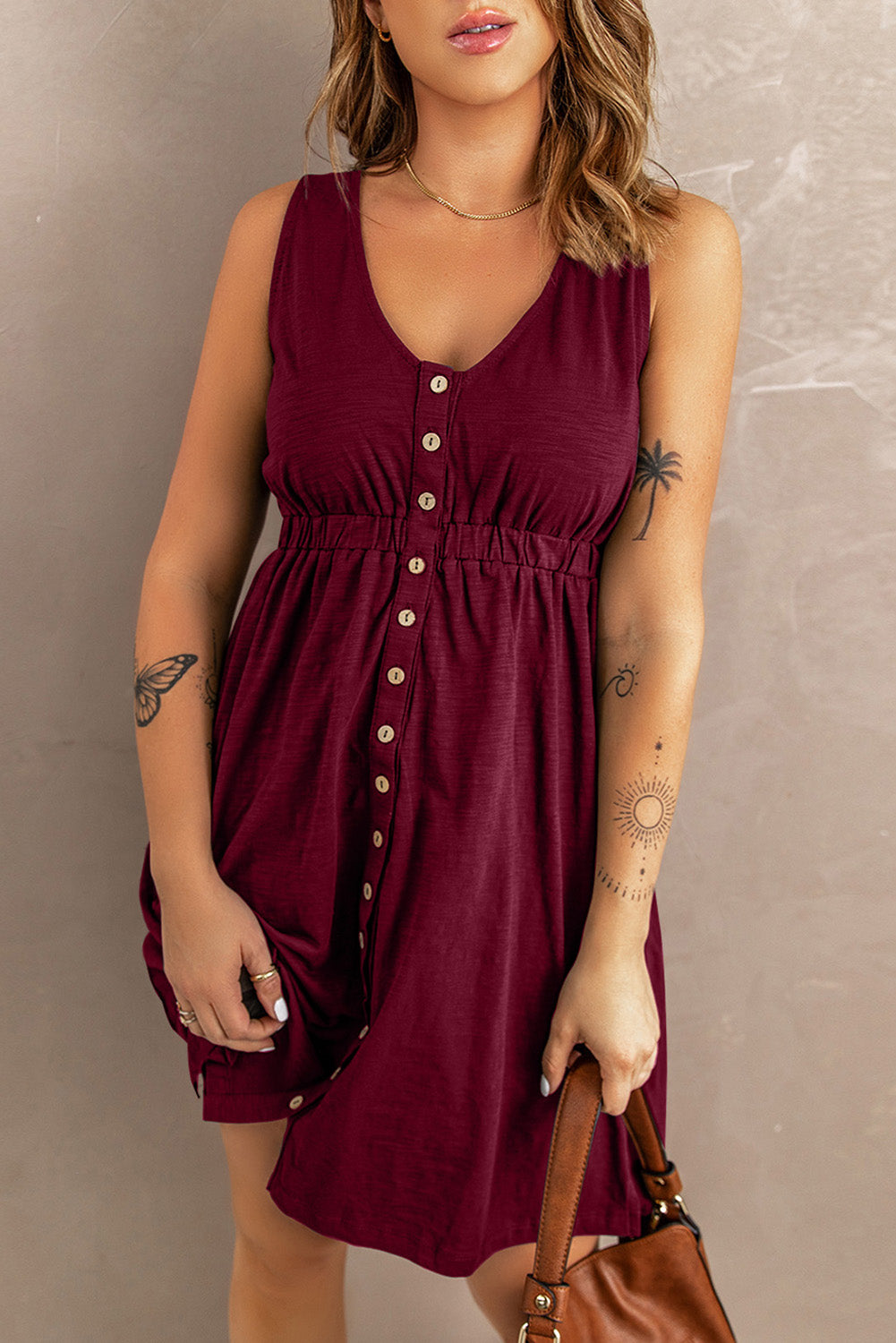Button Front Empire Waist Sleeveless Slit Dress - nailedmoms