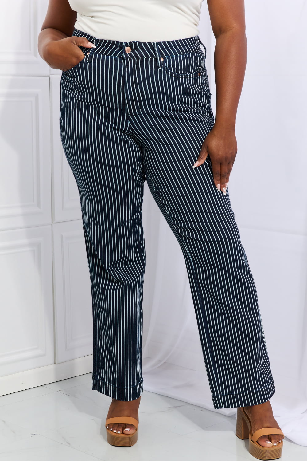 Judy Blue Cassidy Full Size High Waisted Tummy Control Striped Straight Jeans - nailedmoms