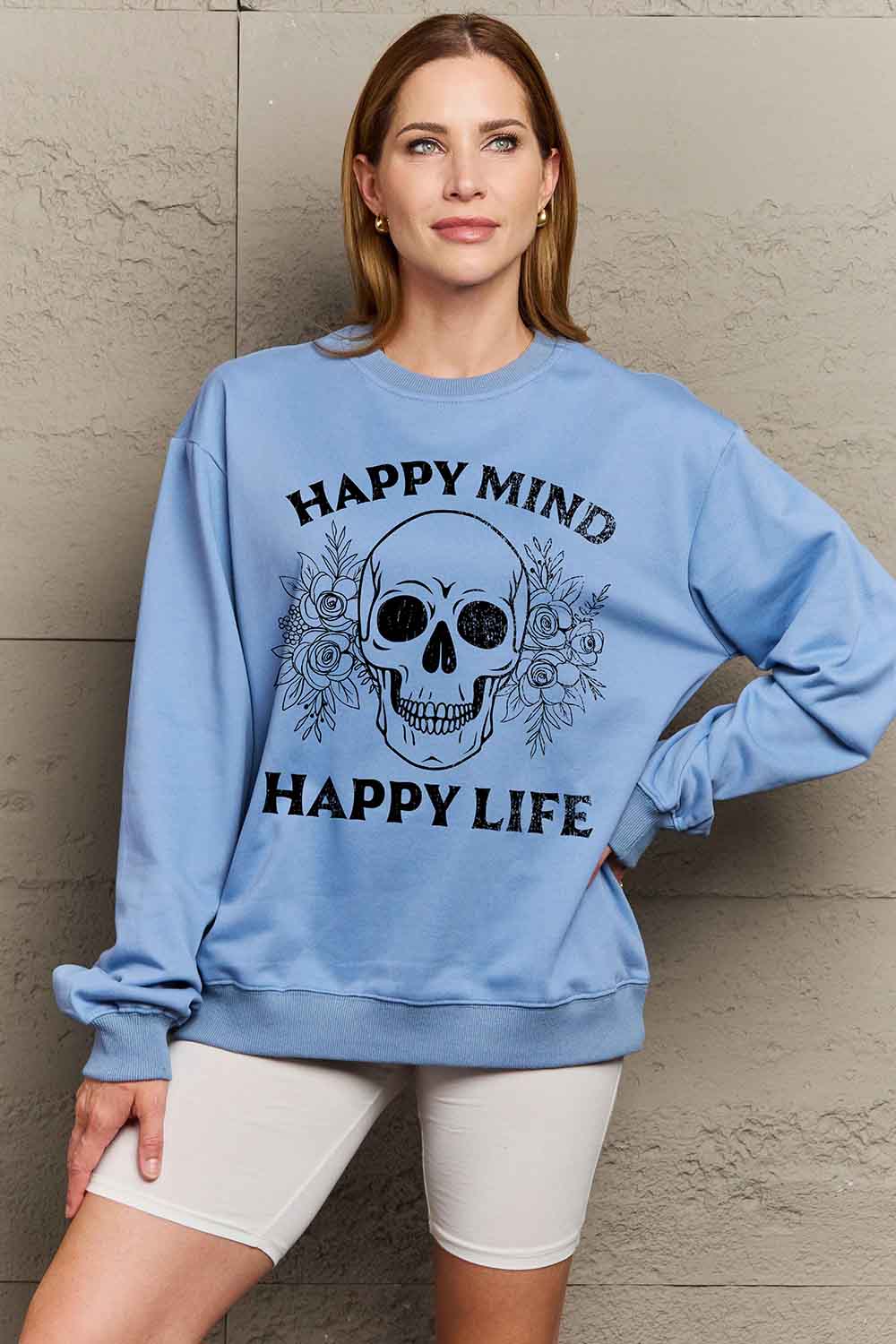 Simply Love Simply Love Full Size HAPPY MIND HAPPY LIFE SKULL Graphic Sweatshirt - nailedmoms