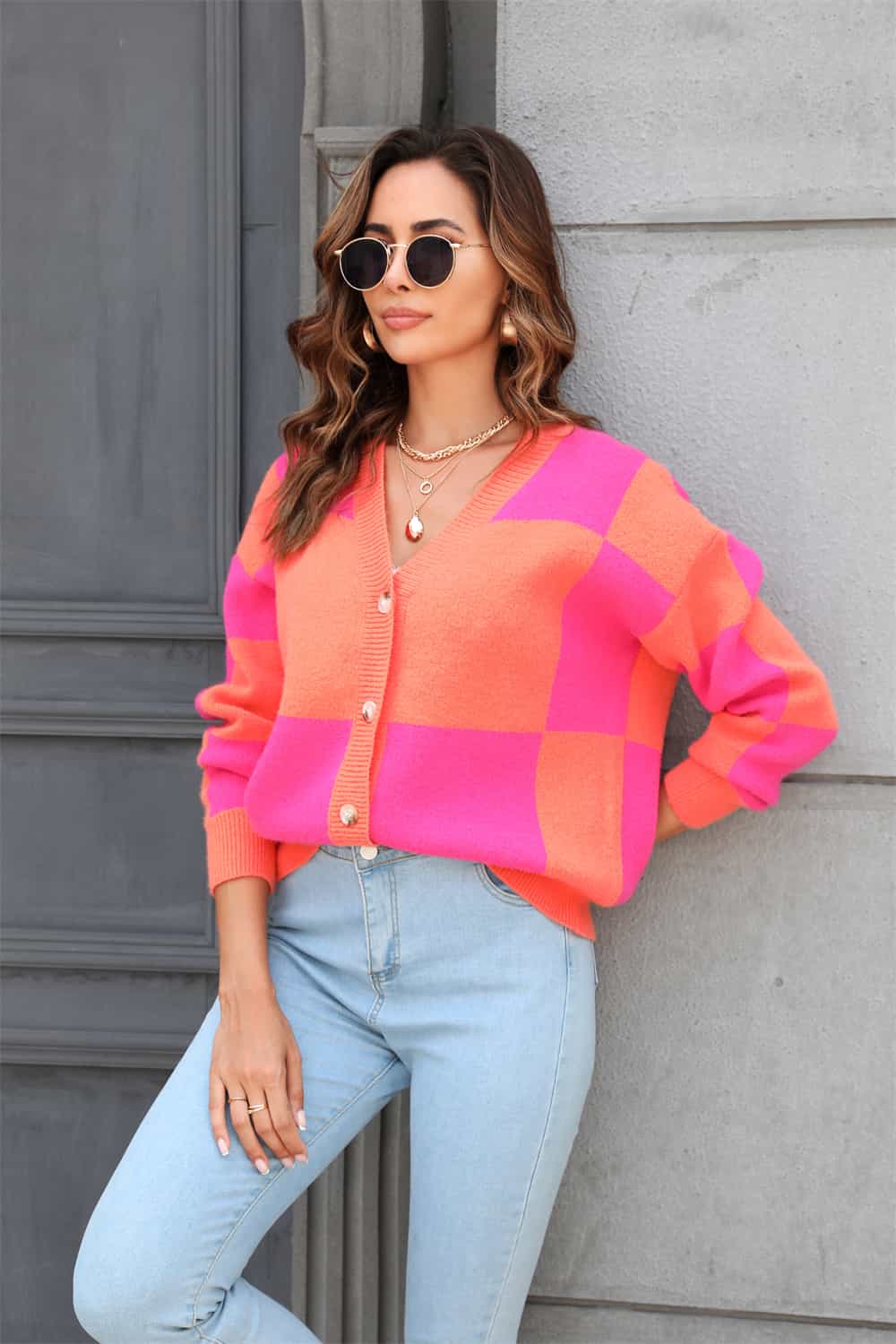Plaid V-Neck Dropped Shoulder Cardigan - nailedmoms
