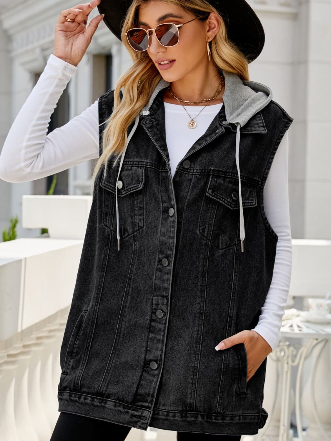 Drawstring Hooded Sleeveless Denim Top with Pockets - nailedmoms