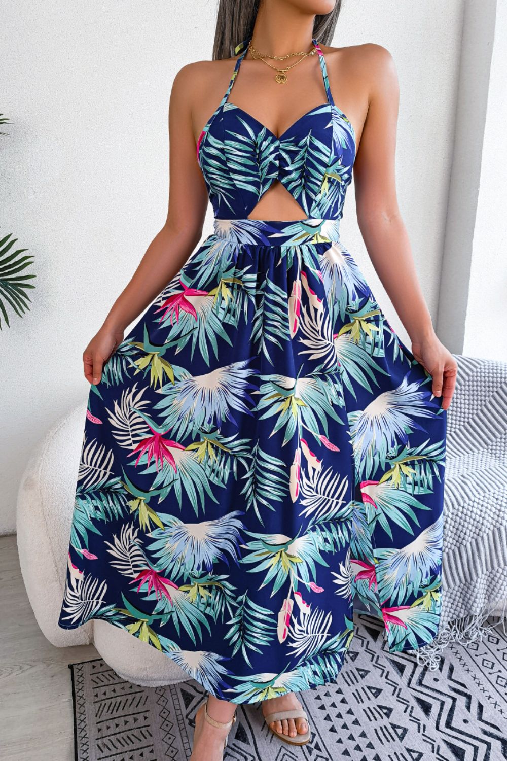 Botanical Print Tied Backless Cutout Slit Dress - nailedmoms