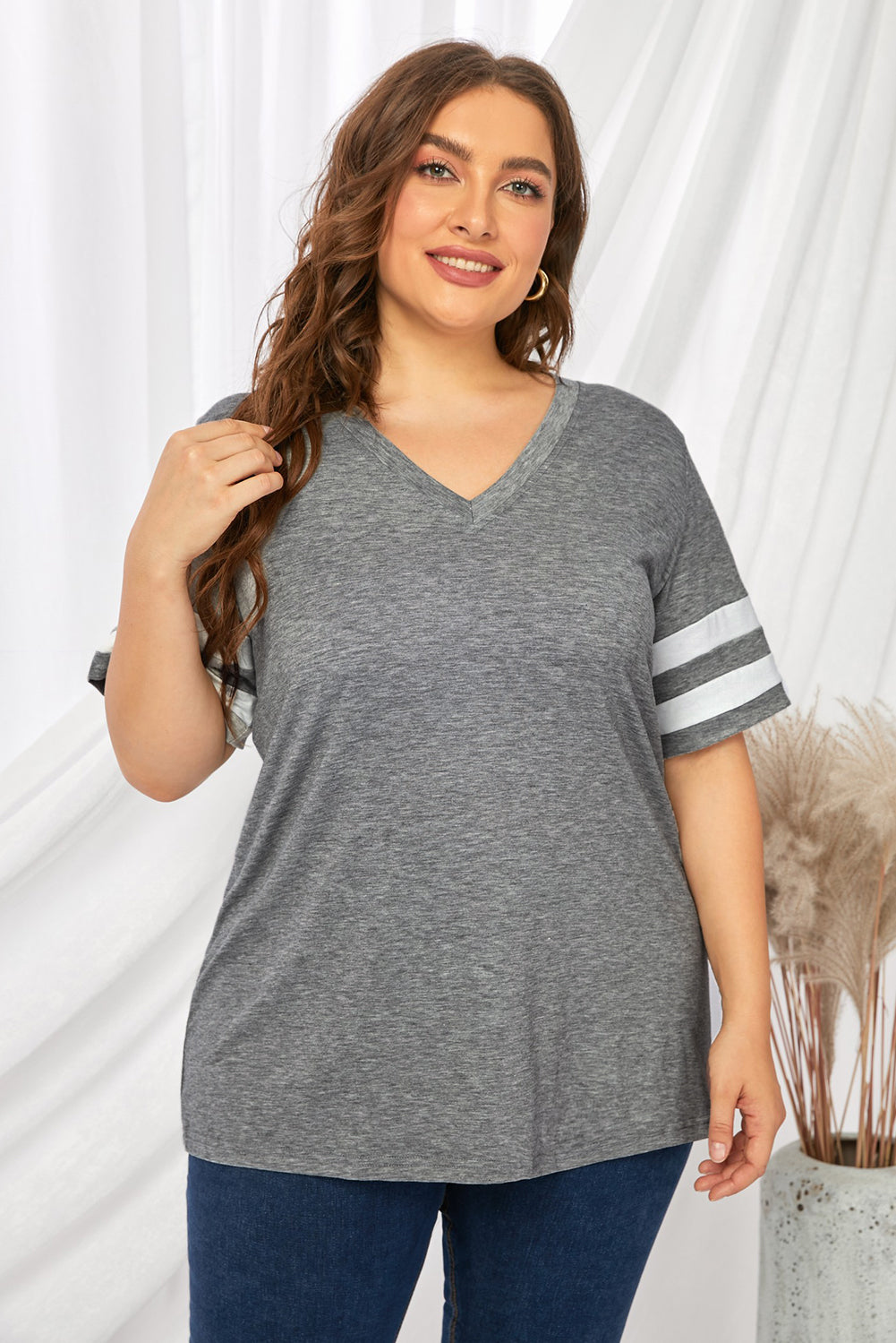 Plus Size Striped V-Neck Tee Shirt - nailedmoms