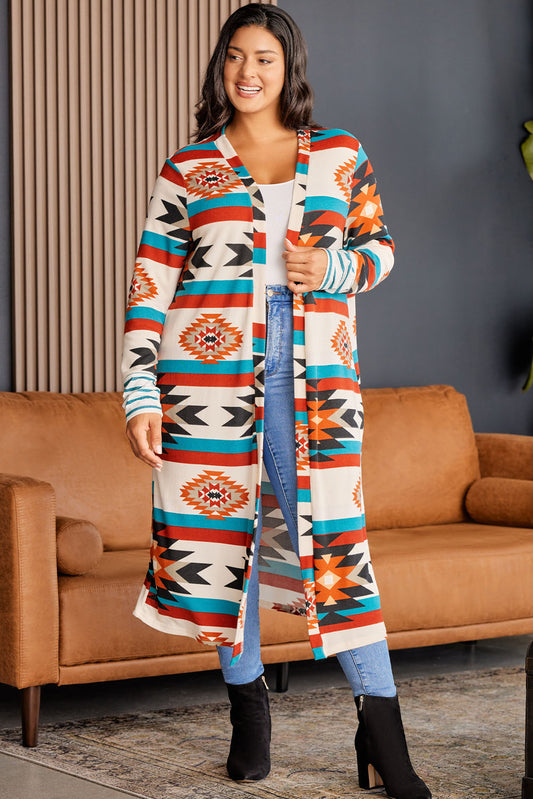 Plus Size Geometric Open Front Longline Cardigan - nailedmoms