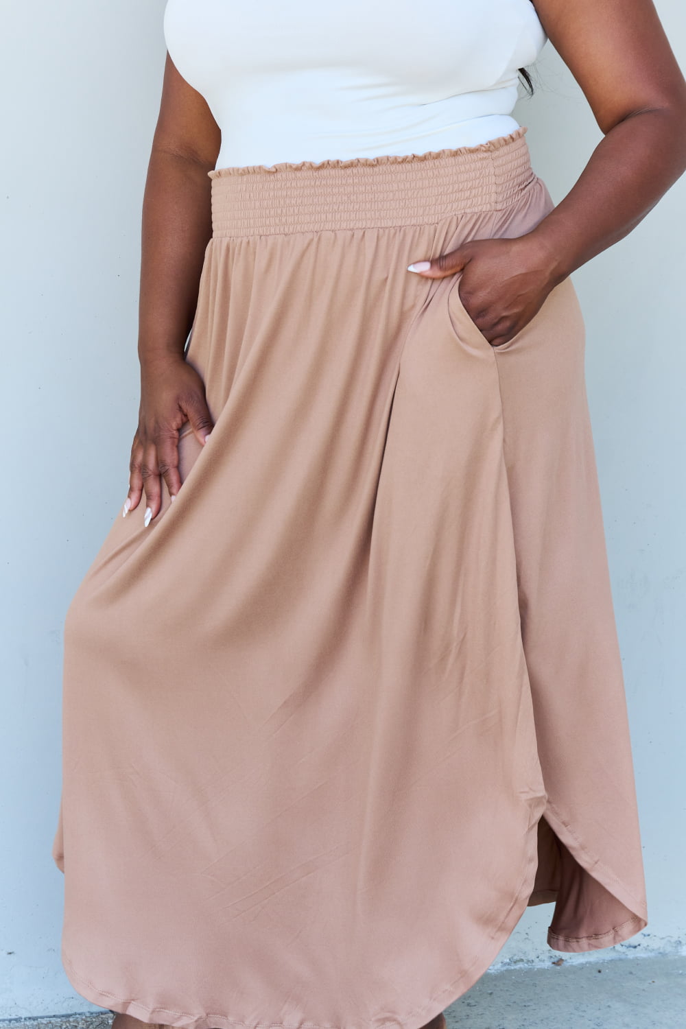 Doublju Comfort Princess Full Size High Waist Scoop Hem Maxi Skirt in Tan - nailedmoms