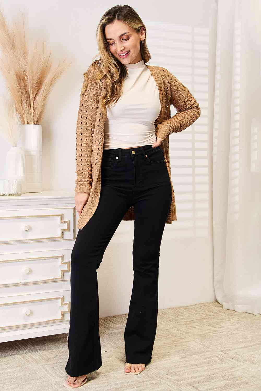 Woven Right Openwork Horizontal Ribbing Open Front Cardigan - nailedmoms