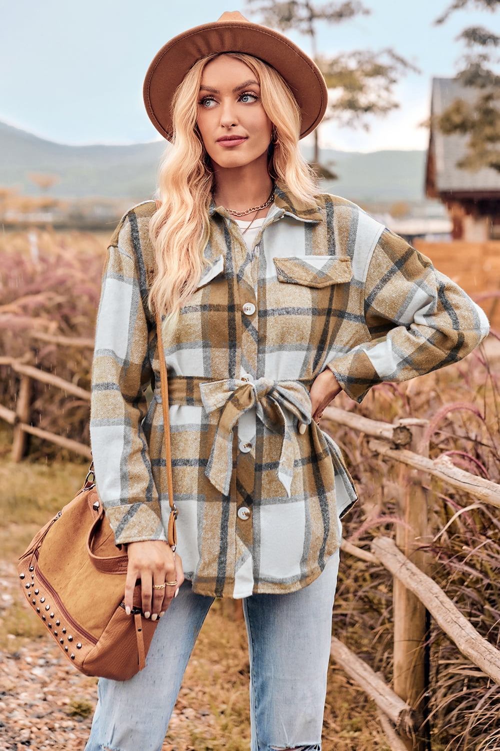 Plaid Collared Neck Bow Front Long Sleeve Jacket - nailedmoms