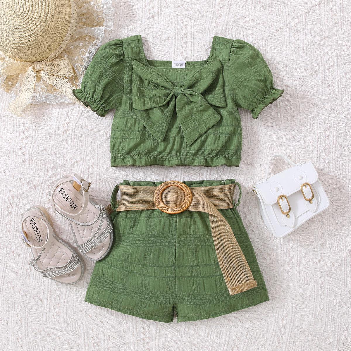 Kids Textured Bow Detail Top and Belted Shorts Set - nailedmoms
