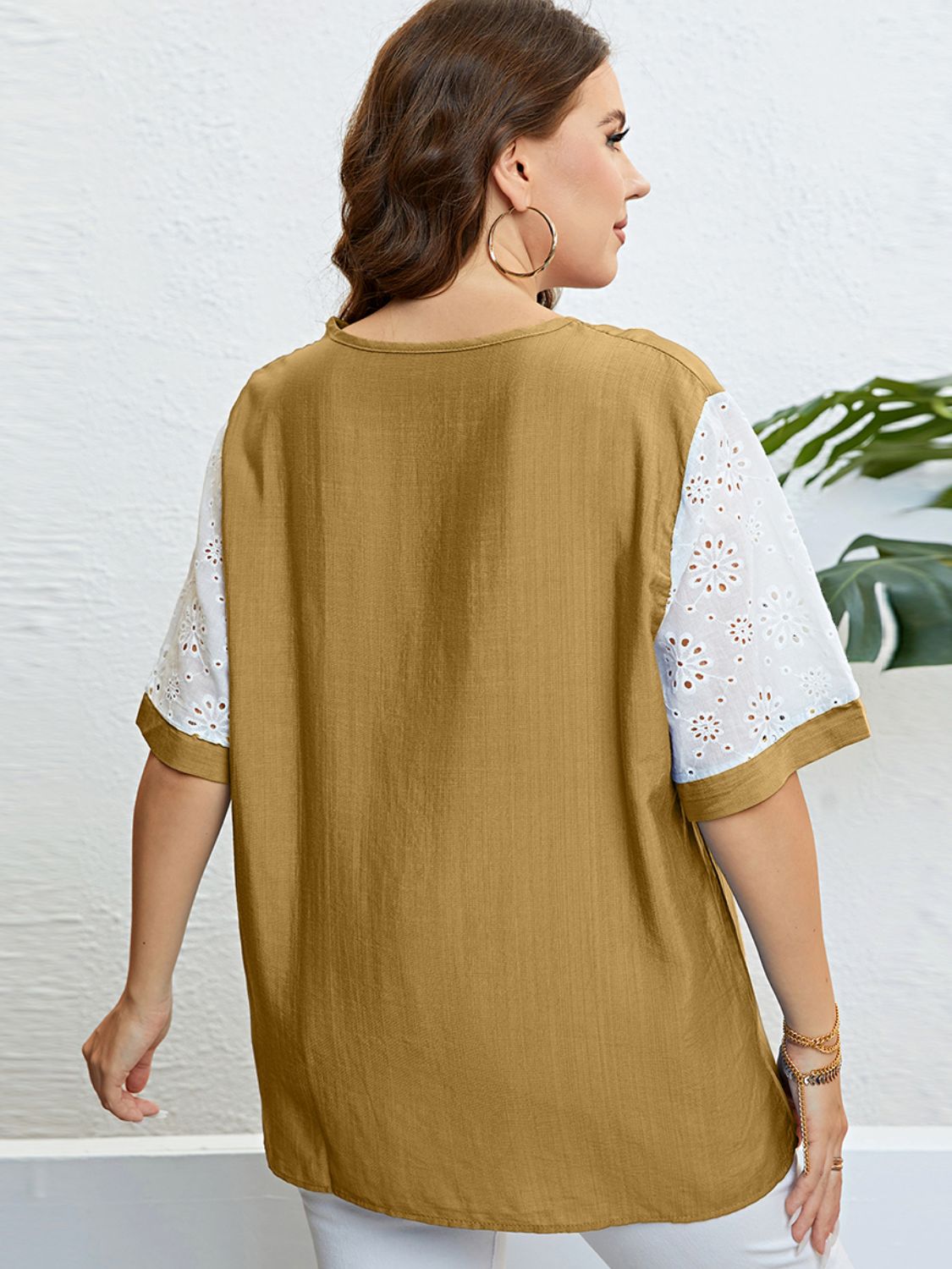Plus Size Contrast Decorative Button Half Sleeve Top - nailedmoms