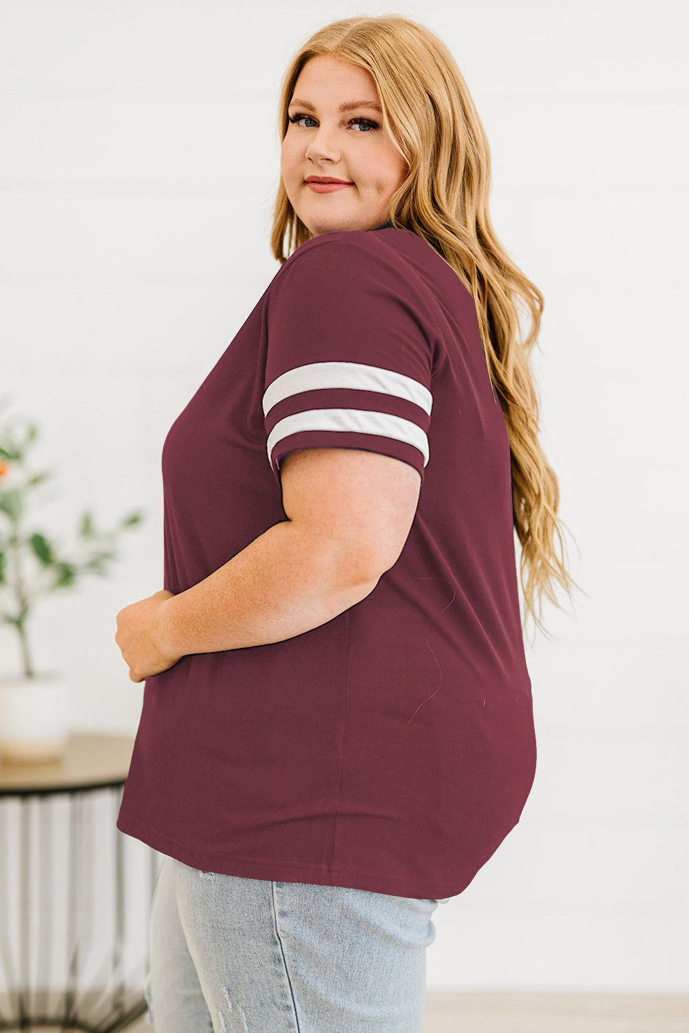 Plus Size Striped V-Neck Tee Shirt - nailedmoms