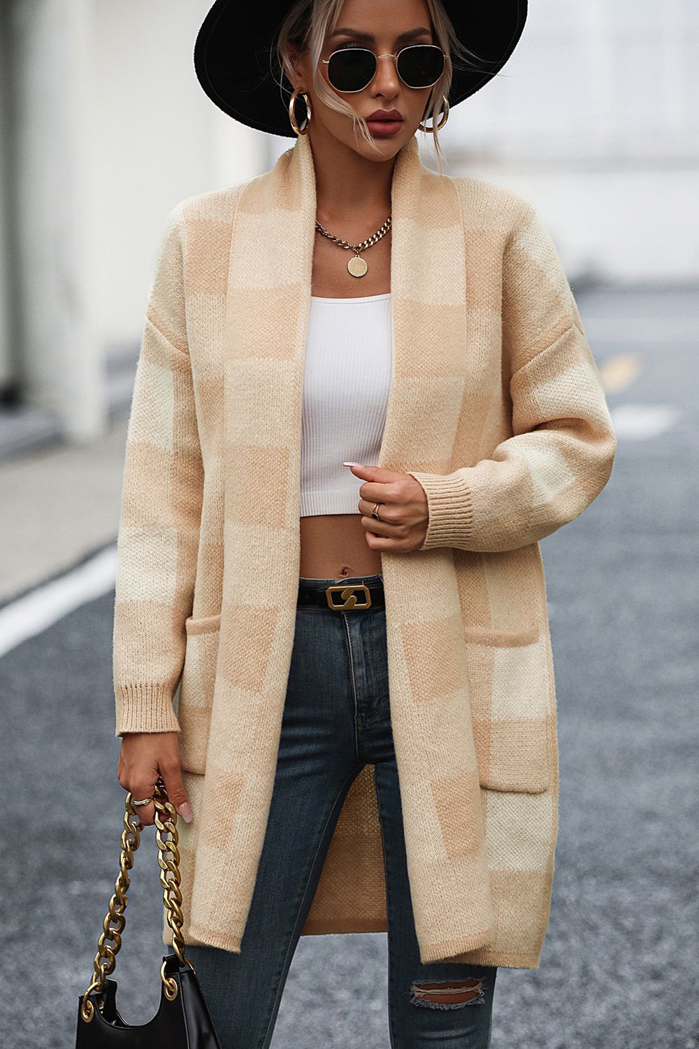 Plaid Dropped Shoulder Cardigan with Pocket - nailedmoms