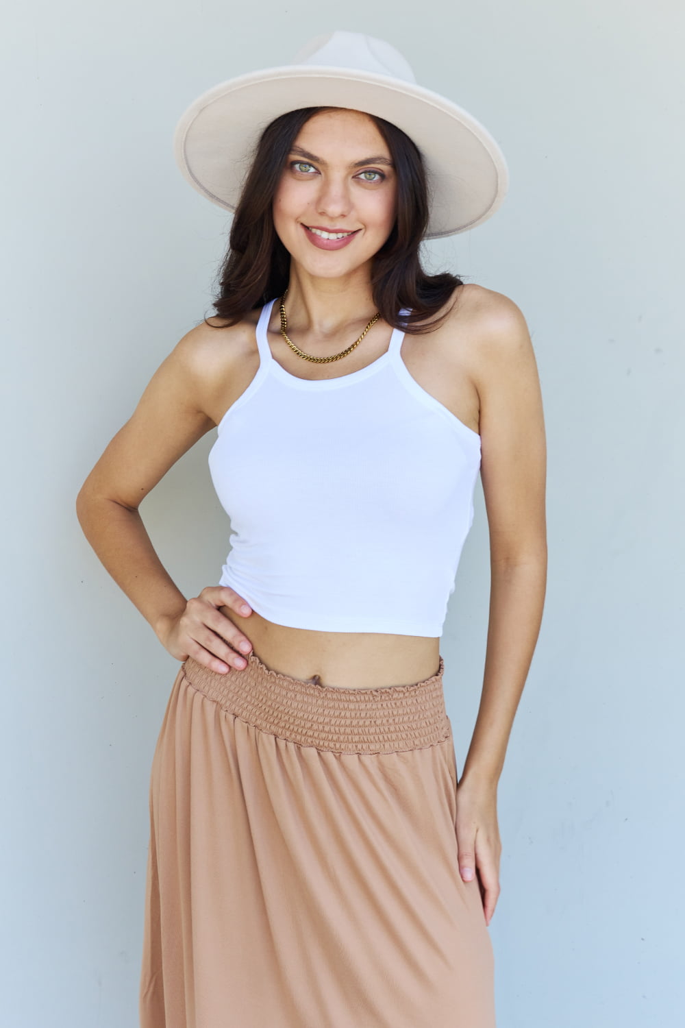 Doublju Comfort Princess Full Size High Waist Scoop Hem Maxi Skirt in Tan - nailedmoms