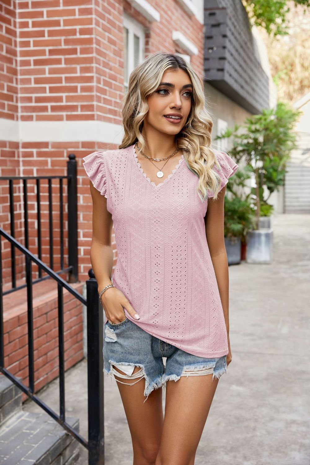 Eyelet Flutter Sleeve Scalloped V-Neck Top - nailedmoms