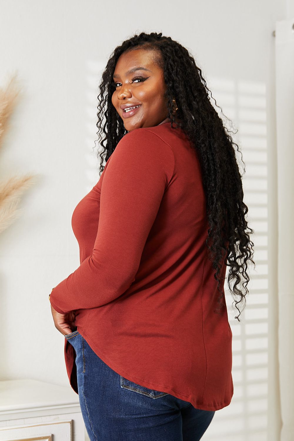 Zenana Full Size Long Sleeve Round Neck Round Hem Top - nailedmoms