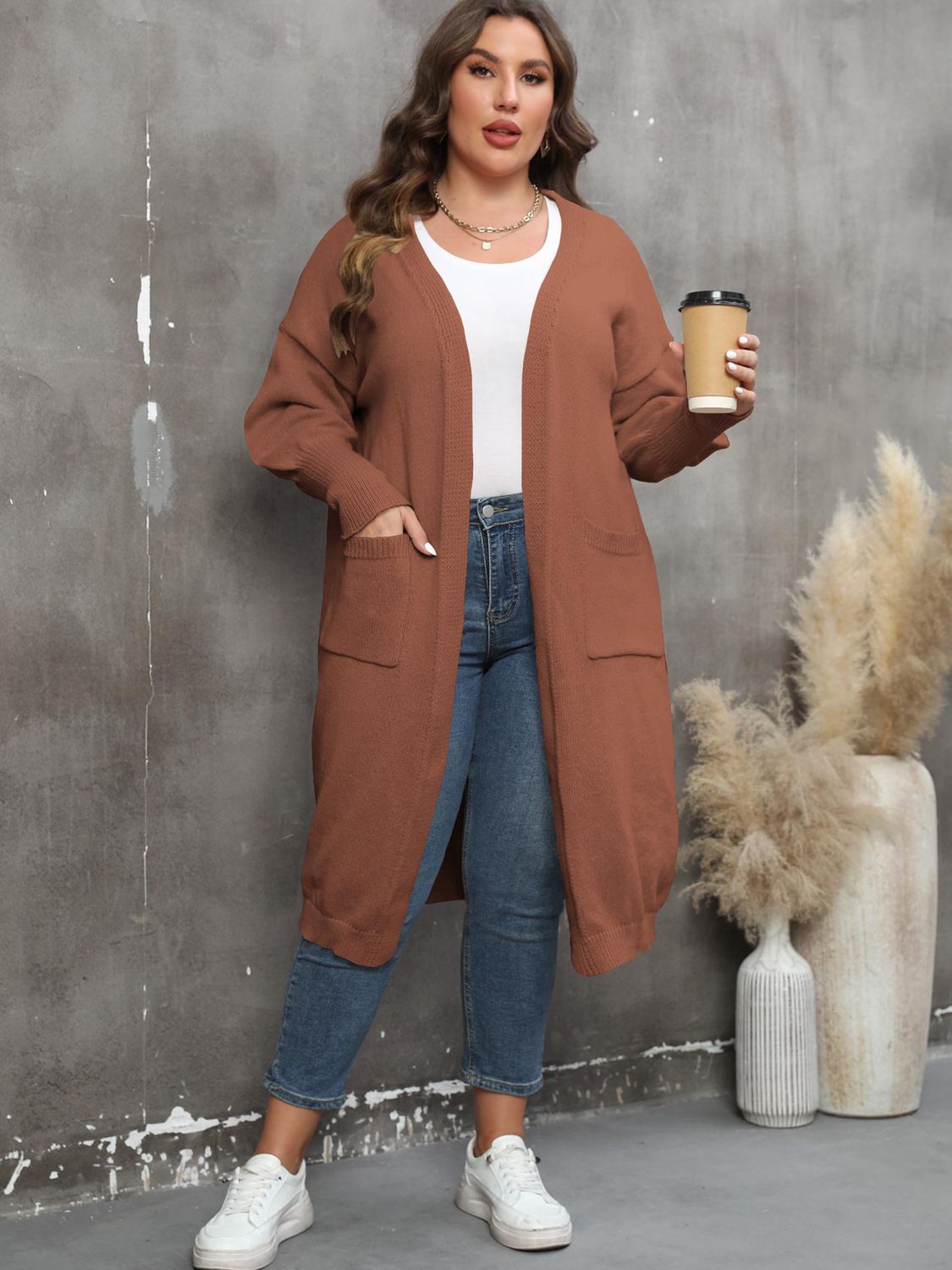 Plus Size Long Sleeve Pocketed Cardigan - nailedmoms
