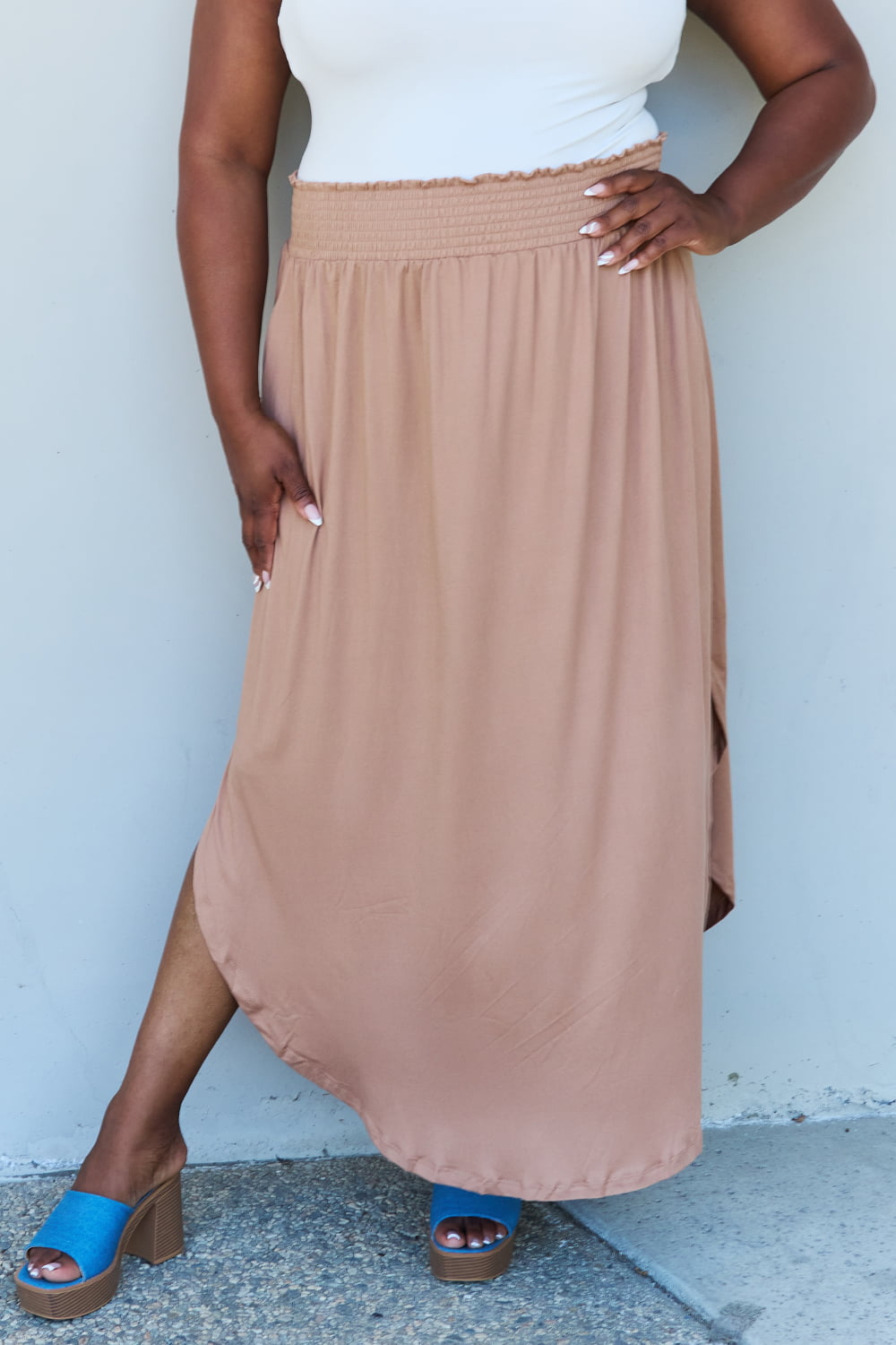 Doublju Comfort Princess Full Size High Waist Scoop Hem Maxi Skirt in Tan - nailedmoms