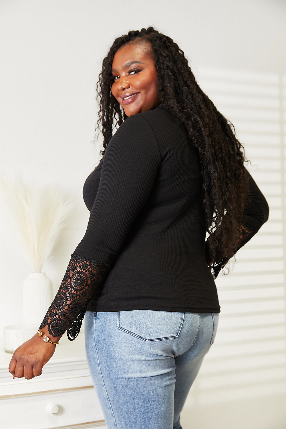 Double Take Crochet Lace Hem Sleeve Button Top - nailedmoms