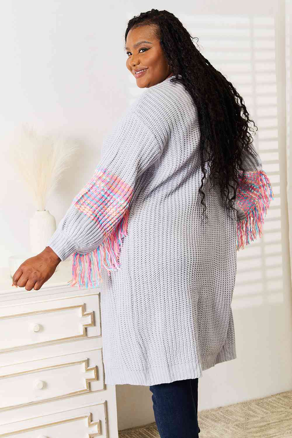 Woven Right Fringe Sleeve Dropped Shoulder Cardigan - nailedmoms